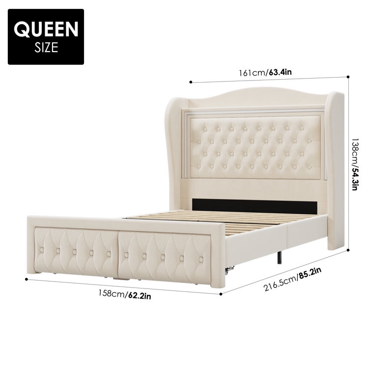 Cream Kaliya Velvet Upholstered Wingback Bed with LED Lights