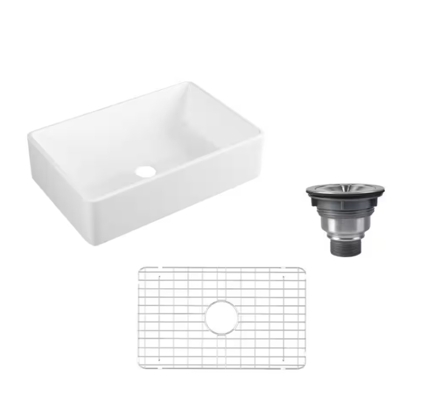 Feast White Ceramic 33 in. L x 20 in. W Rectangular Single Bowl Farmhouse Apron Kitchen Sink with Grid and Strainer