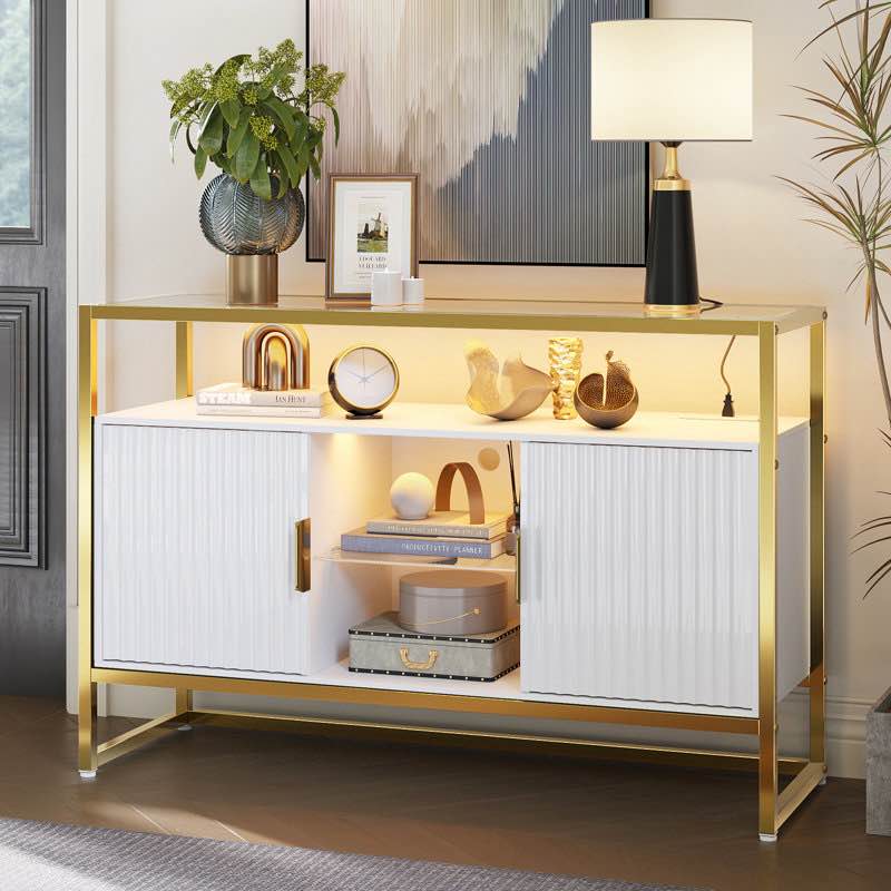 Martee 45.67''W LED Console Table with Storage, Modern Fluted Glossy Cabinet Credenza, Adjustable Shelves, Entryway Table for Living Room