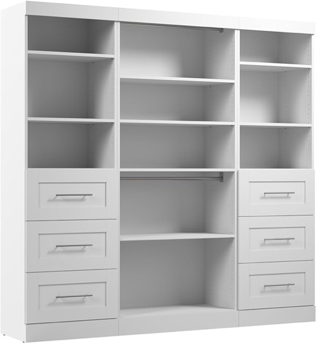 Bestar Pur Closet Organization System (86W) in White, Multipurpose Storage Solution with Drawers and Shelves for Bedroom, Mudroom, or Entryway Bestar Pur Closet Organization System (86W) in White, Multipurpose Storage Solution with Drawers and Shelves for Bedroom, Mudroom, or Entryway( Incomplete box)