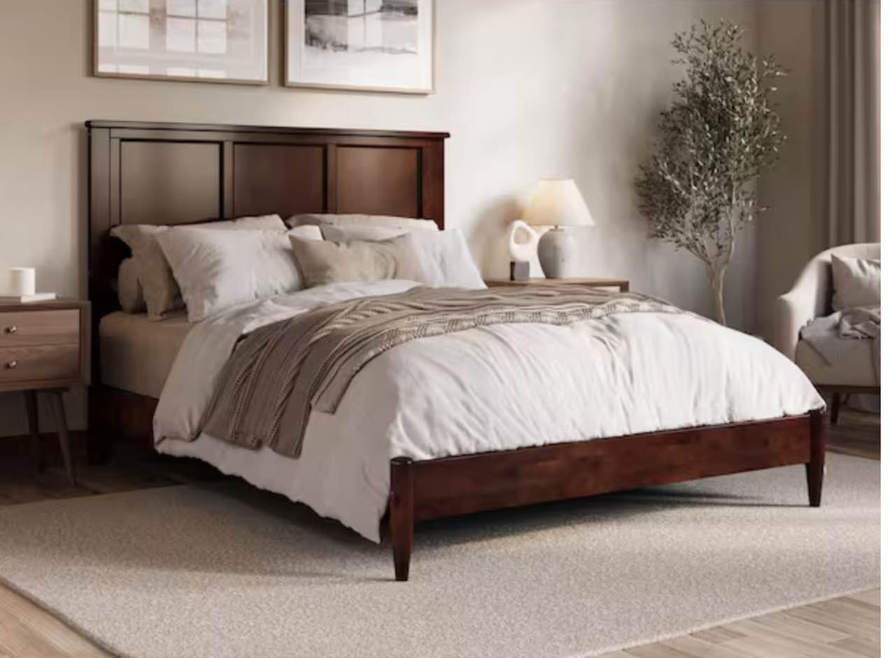 Charlotte Walnut Brown Solid Wood Frame Queen Low Profile Platform Bed( only rails) 