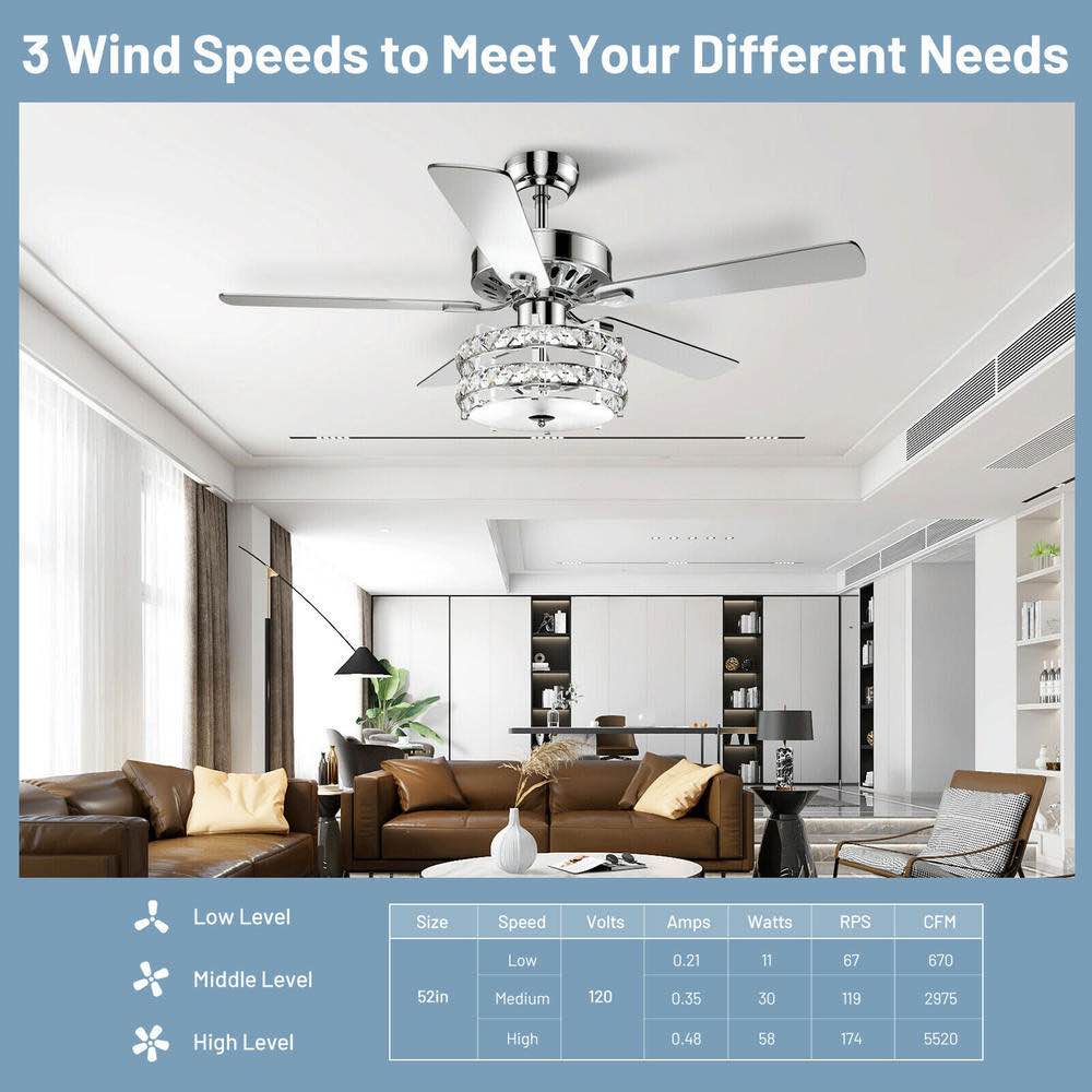 Costway 52'' Classical Crystal Ceiling Fan Lamp W/ Reversible Blades Remote Control Home