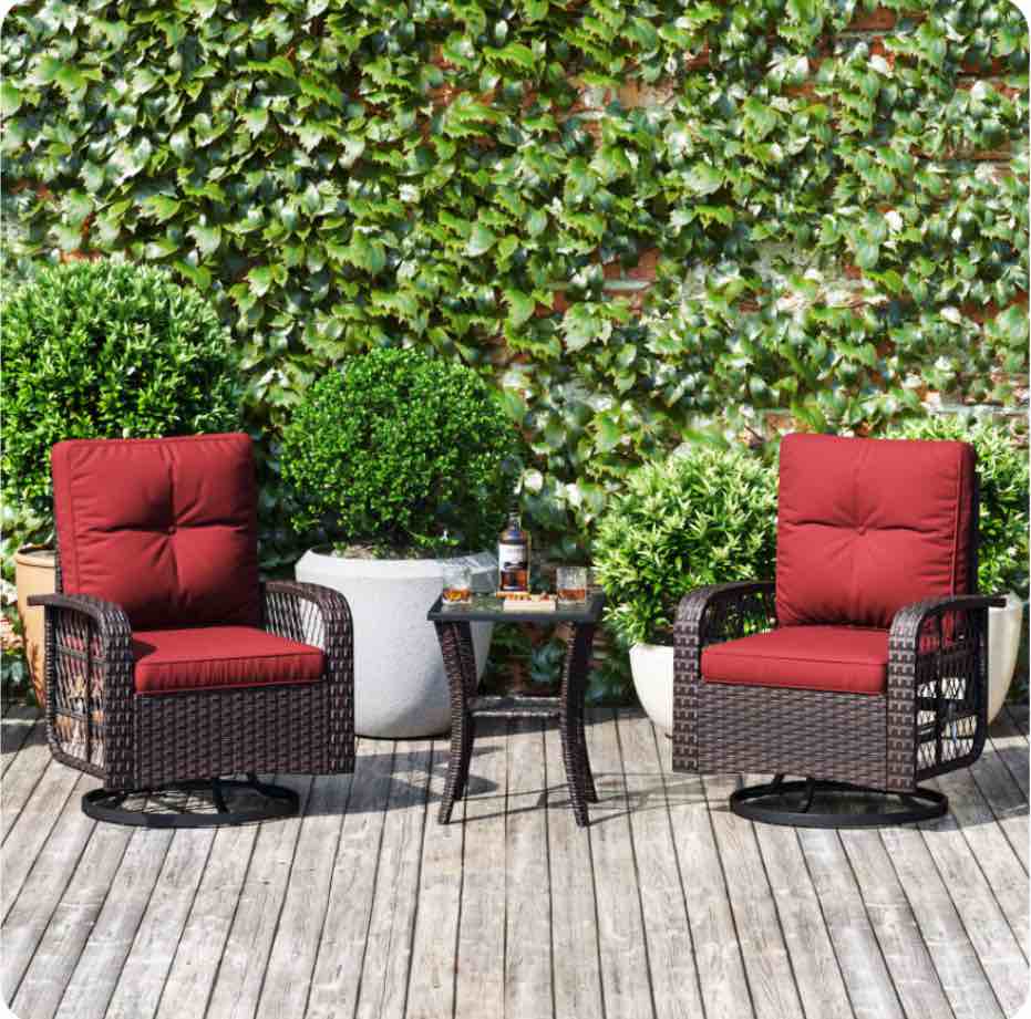 3 Pieces Patio Set Outdoor Wicker Rattan Swivel Rocker Chairs Set of 2