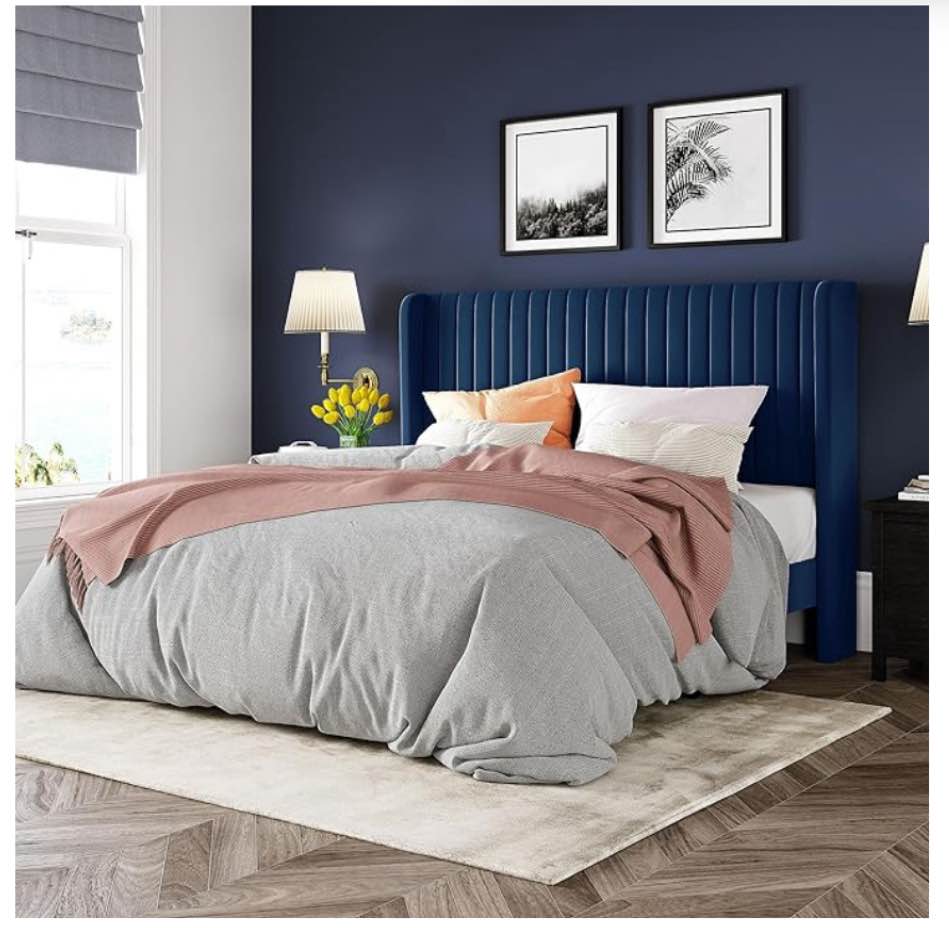 Allewie Queen Size Velvet Bed Frame/Vertical Channel Tufted Wingback Headboard/Upholstered Platform Bed/Strong Wooden Slats/No Box Spring Needed/Easy Assembly/Dark Blue(Queen size ) 