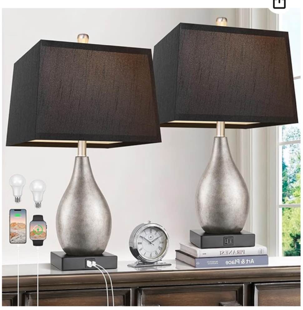 ROTTOGOON Table Lamps Set of 2 with USB A+C Ports, 22.5" Modern Bedside Lamps, 3-Color Temperature Classy Nightstand Lamp with Black Rectangular Shade for Living Room, Bedroom (LED Bulbs Included)(incomplete missing light)