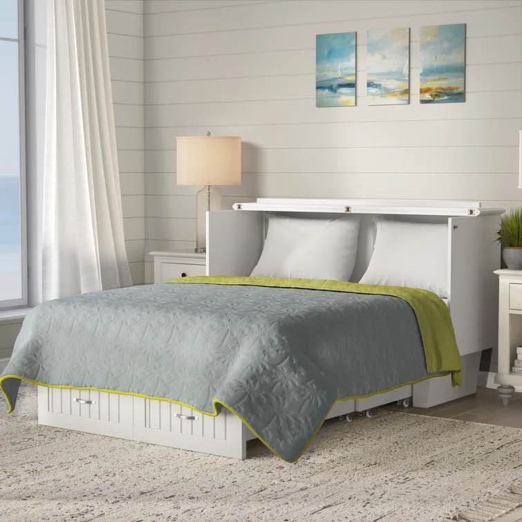 White Kindig Solid Wood Coastal Cottage Murphy Bed with Mattress, Storage and Built-in Charger(Queen size) (incomplete 1 box only )