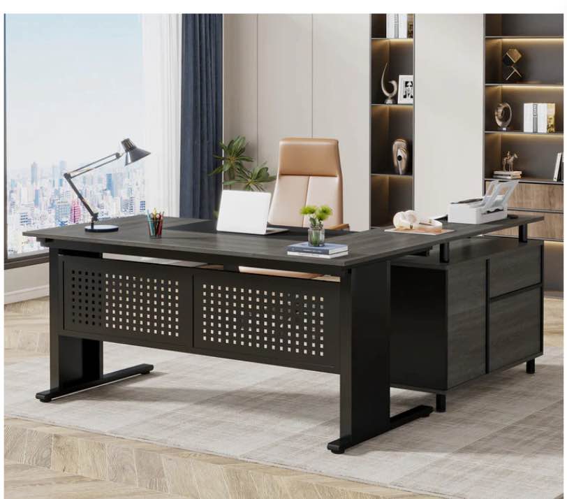  Industrial L-Shaped Desk, 63" Computer Executive Desk with File Cabinet(incomplete box A ) 