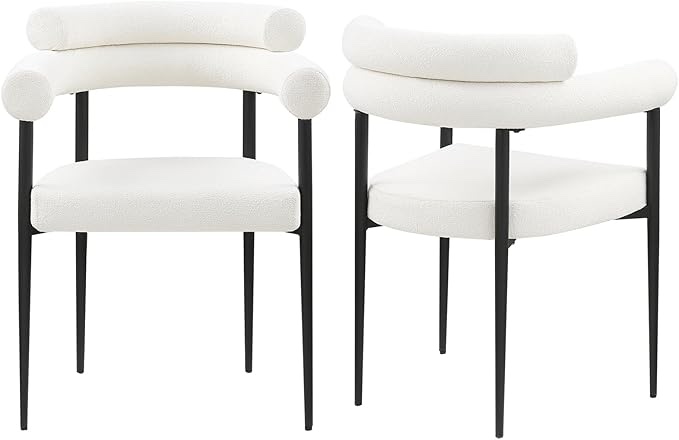 White Boucle Upholstered Dining Chairs Set of 2,Mid Century Modern Dining Room Chairs with Backrest, Comfortable Armchairs Kitchen Chairs with Black Metal Legs for Living Room