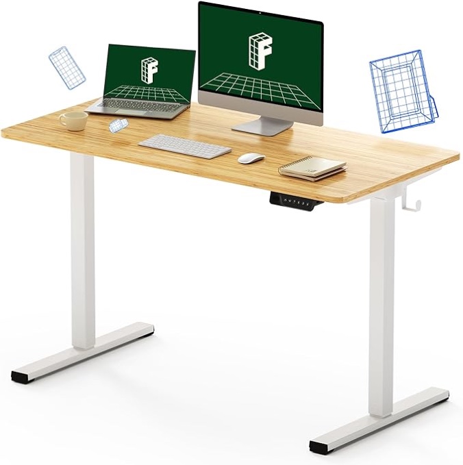 FLEXISPOT E150 Standing Desk Electric Sit Stand Desk with 48 x 24 Inches Ergonomic Height Adjustable Desk Computer Desk with USB Charging Ports Memory Controller (White Frame + 60*120cm Maple Desktop) ( black legs)