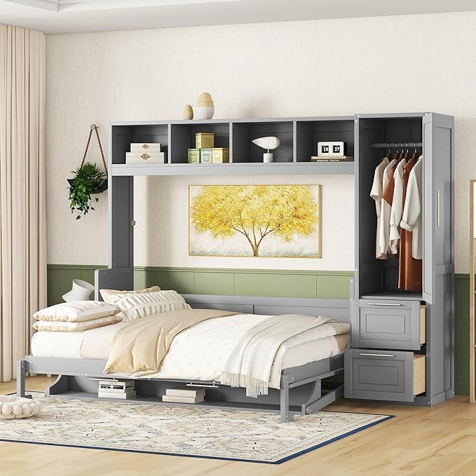 Queen Size Murphy Bed with Closet & Drawers, Wall Bed with Storage Shelves & Cabinet, Wood Queen Bed Frame with Support Slats, Folding Bed for Guest Room Small Room, Space Saving,Gray ( Box 4/4 Incomplete)