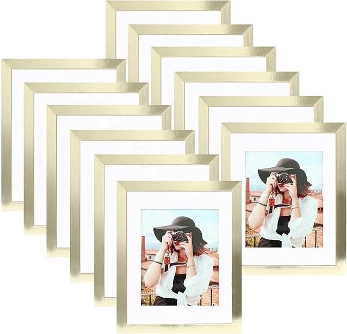 Picrit 8x10 Picture Frame Set of 12, Display 5x7 with Mat or 8x10 Without Mat, Photo Frames for Wall Mounting or Table Top Display, Gold.
