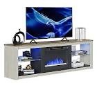 70 in. Wash White TV Stand Fits TV's up to 75 in. with Tempered Glass Shelves LED Lights and Large Open Storage