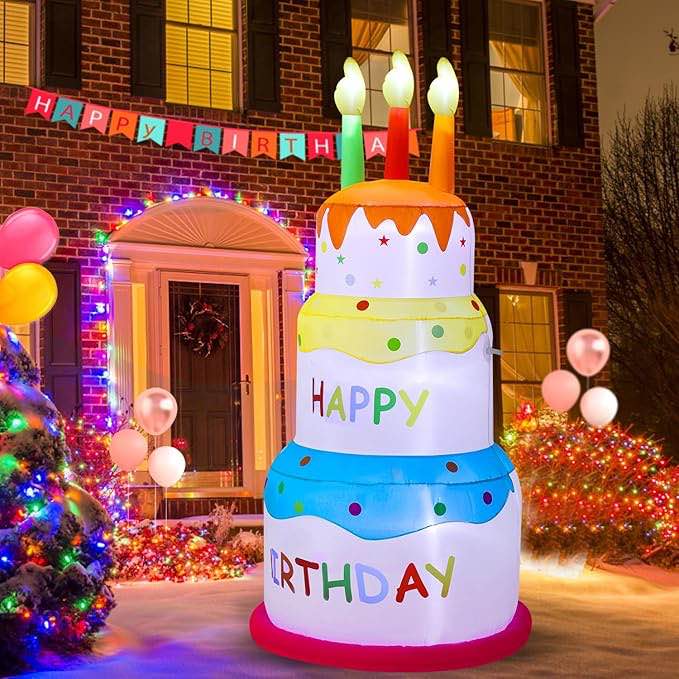 HZGDEJTG 6ft Birthday Cake Birthday Party Outdoor Inflatable Decoration, Outdoor Inflatable Decoration with LDE Lights, Birthday Inflatable Decoration for Garden, Patio, Lawn