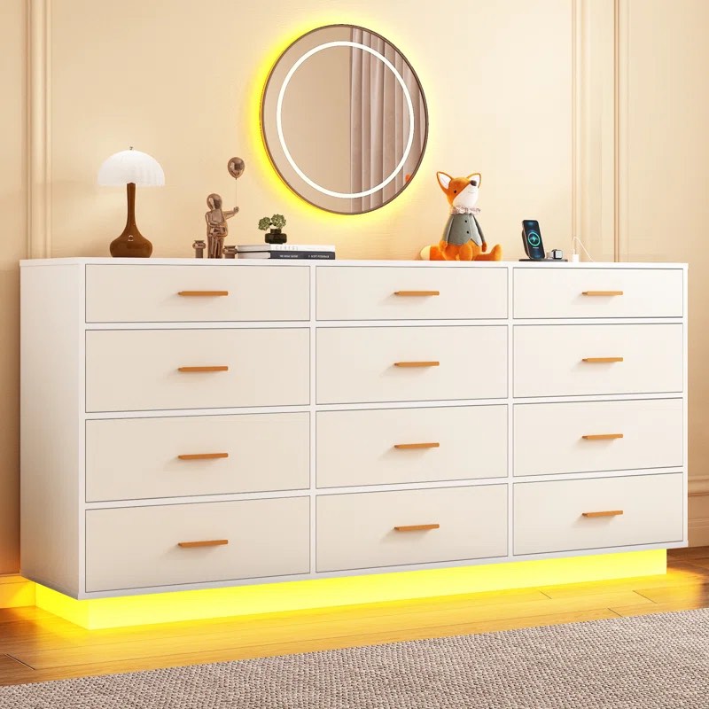 12 Drawer Dresser With LED Lights and Charging Station For Bedroom, Living Room, Entryway, and Hallway