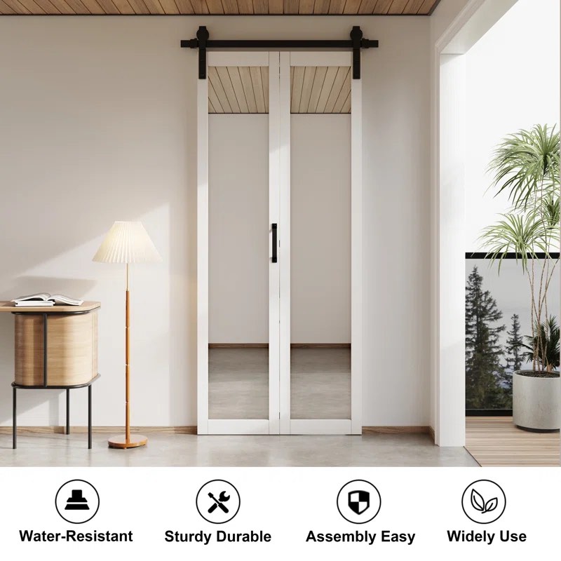 Mirrored Glass Bi-Fold Barn Door Sliding Single Barn Door with Installation Hardware Kit