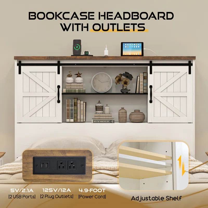 (incomplete)(box 2 of 2 ) Sherell Wooden Platform Bed Frame with Sliding Barn Door Bookcase Headboard