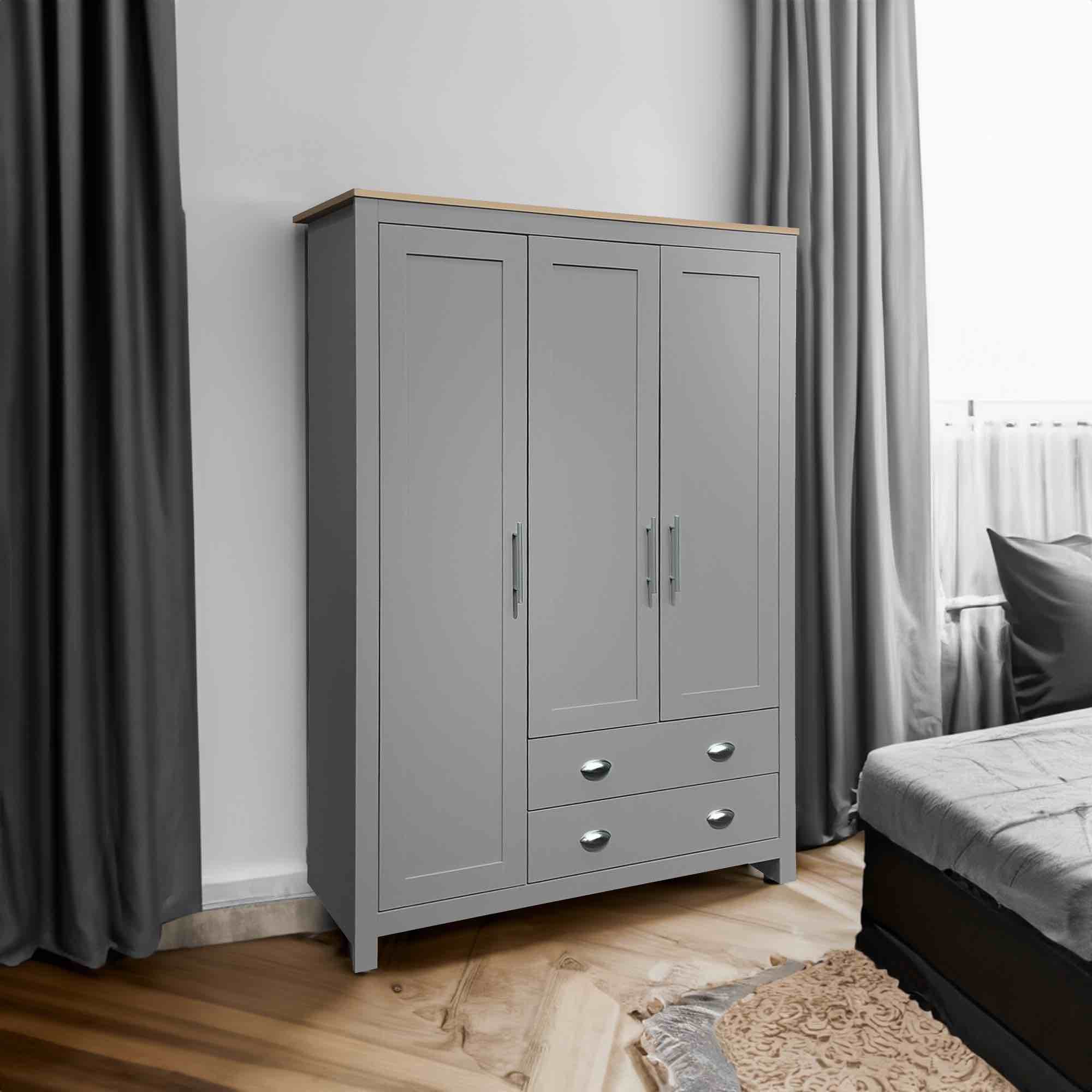(incomplete) (box 2 of 2 ) Three Door Storage Wardrobe with Cabinets and Two Hanging Rods,Gray
