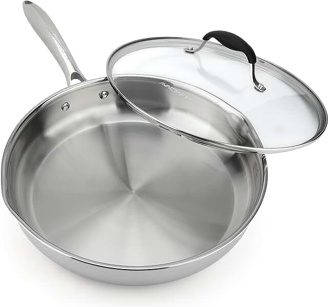 AVACRAFT 18/10 12 Inch Stainless Steel Frying Pan with Lid, Side Spouts, Induction Pan, Versatile Stainless Steel Skillet, Fry Pan in our Pots and Pans, Cooking Pan(Stainless Steel, 12 Inch)