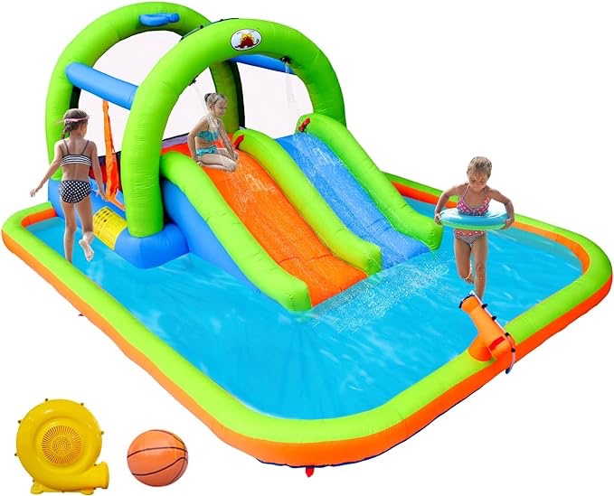 WELLFUNTIME Inflatable Water Park with Blower, and Bouncy House with Double Slide with Water Cannon and Basketball Ring