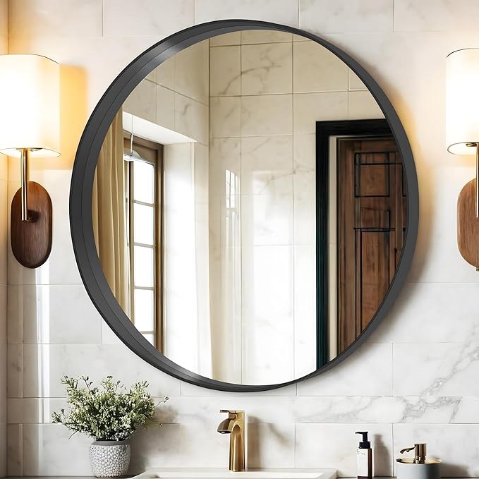 DESBING 36" x 36"Bathroom Mirror, Matte Black Wall Mirror with Metal Frame, Decorative Rectangular Vanity Mirror for Bedroom Bathroom Living Room Entryway Round