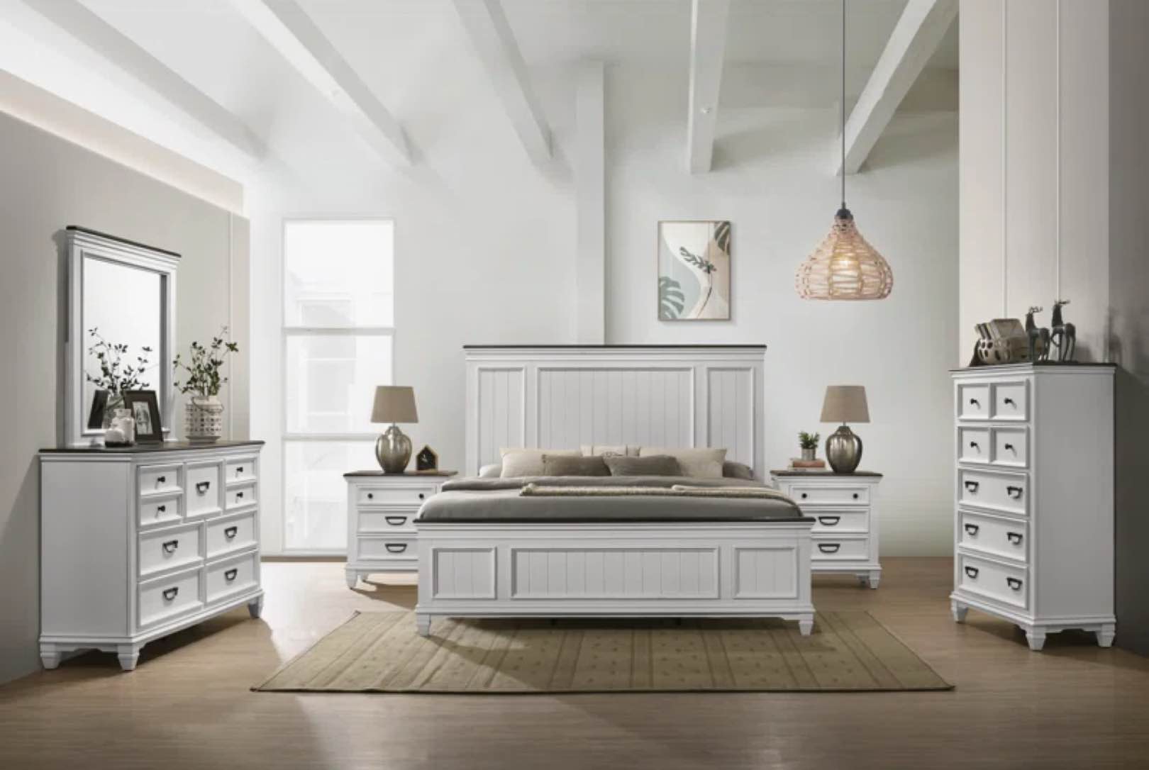 (ONLY MIRROR) Withyditch Wood Distressed Bedroom Set with Panel King Bed, Dresser, Mirror, 2 Nightstands, Chest