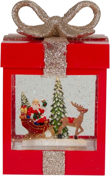7" Lighted Red Gift Box Christmas Snow Globe with Santa and Reindeer