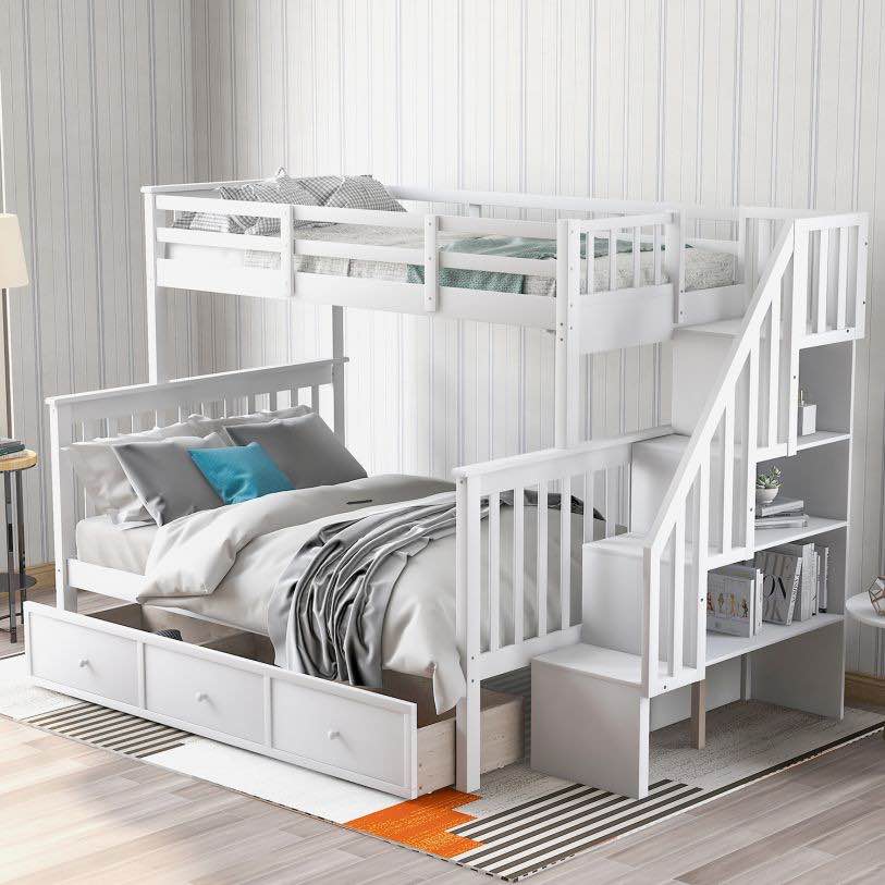 (INCOMPLETE, BOX 1 OF 3) Stairway Twin-Over-Full Bunk Bed w/ Drawer, Storage, White