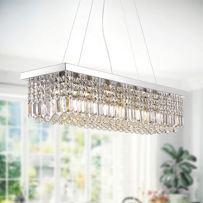 7PM Crystal Chandelier Modern Rectangle Pendant Light Contemporary Chrome Lighting Fixture for Kitchen Island Dining Room 47 Inch L47''