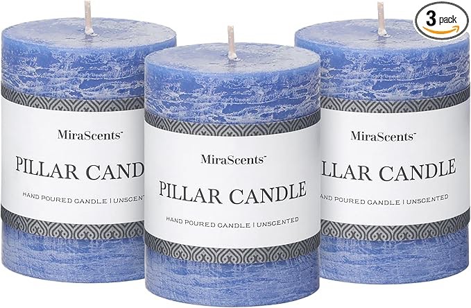 3x4 Inch Blue Pillar Candles Set of 3 - Hand-Poured Unscented Candles, Long Clean Burning, Large Big Candles, Smokeless Dripless Candles for Dinner Table, Wedding, Home, Bathroom, Rustic Decor