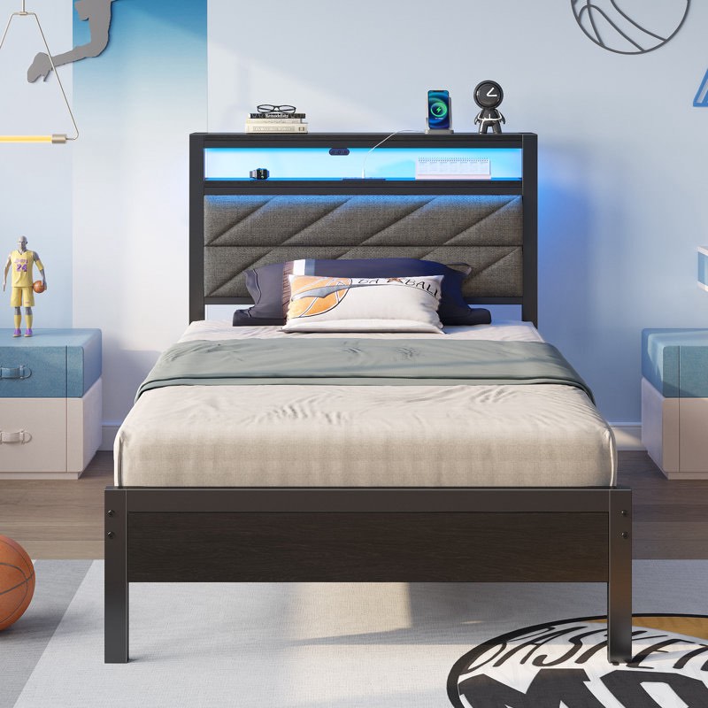 Bed Frame with Storage Headboard, Metal Platform Bed Frame with RGB Lights & Outlets