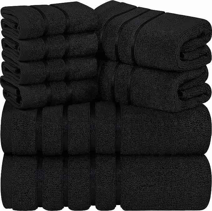 Utopia Towels 8-Piece Luxury Towel Set, 2 Bath Towels, 2 Hand Towels, and 4 Wash Cloths, 600 GSM 100% Ring Spun Cotton Highly Absorbent Viscose Stripe Towels Ideal for Everyday use (Black)