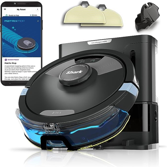 Shark Matrix Plus 2in1 Robot Vacuum & Mop with Sonic Mopping, Matrix Clean, Home Mapping, HEPA Bagless Self Empty Base, CleanEdge, for Pet Hair, Wifi, Black/Silver 