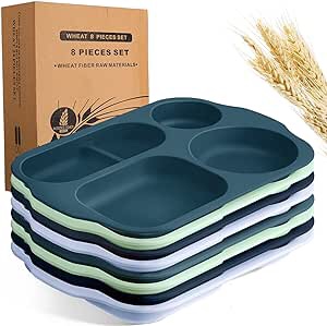 8 Pcs Large 12 Inch Unbreakable Divided Plates Section Plates Kids Food Tray 5 Compartment Plates Wheat Straw Toddlers Lunch Trays for Kid Toddler Children Adult Microwave Dishwasher Safe (Multicolor)