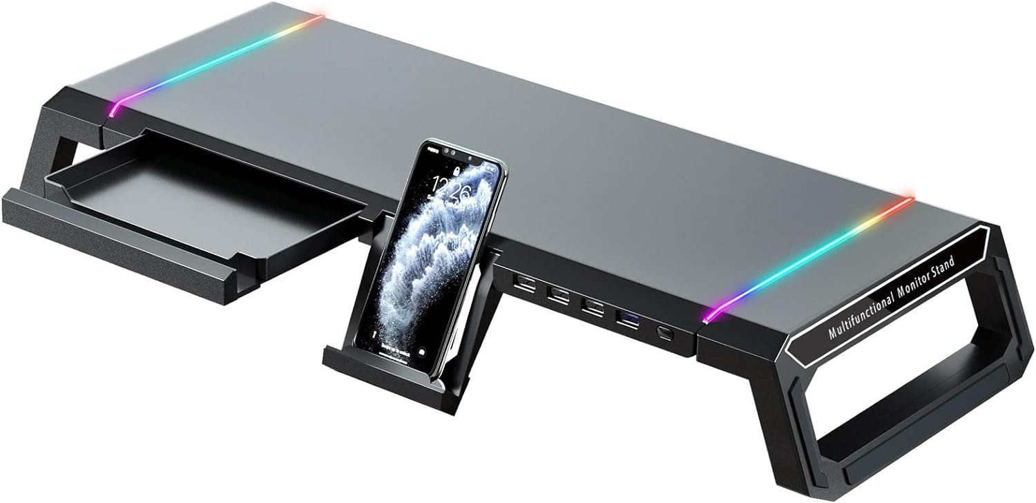 KYOLLY RGB Gaming Computer Monitor Stand Riser - 1 USB 3.0 and 3 USB 2.0 Hub, 3 Length Adjustable Computer Monitor Stand with Drawer,Storage and Phone Holder