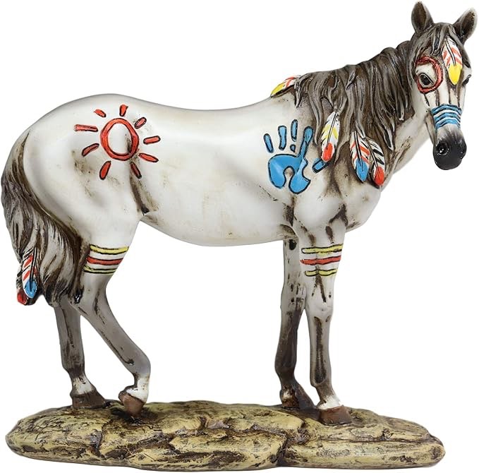Ebros Equestrian Tribal Beauty Medicine Spirit Horse Hand Crafted Statue 8" High Native American Indian Symbols Sun Palm Feathers Stallion Animal Decor Sculpture Multicolor