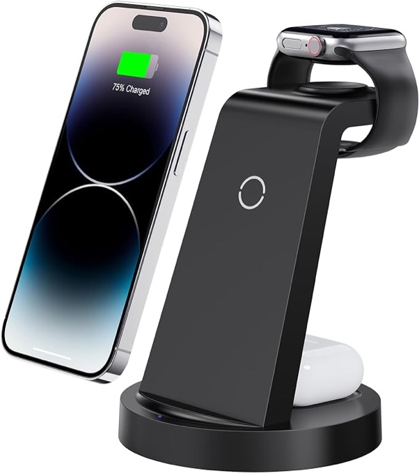 3 in 1 Charging Station for iPhone, Wireless Charger for iPhone 15 14 13 12 11 X Pro Max & Apple Watch - Charging Stand Dock for AirPods (Rose)