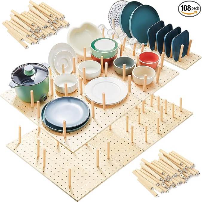 Kigley 12 Pcs Pegboard Drawer Organizer with 96 Pcs Drawer Peg Wood Peg Board Wooden Kitchen Drawer Plate Organizer Peg Drawer Organizers for Dishes for Food Containers Cookware Utensils