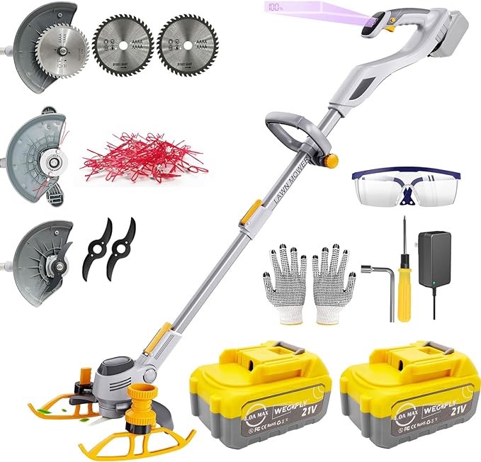 String Trimmer Cordless,21V 2 x 4.0Ah Battery & Charger, 4-in-1 Grass Trimmer/Wheel Edger/Mini-Mower/Brush Cutter, with 90° Adjustable Head, Telescopic Pole and 3 Cutting Blade Types