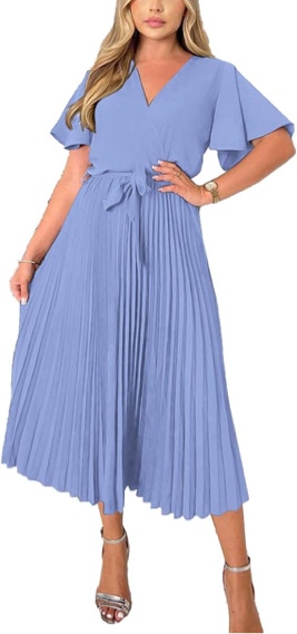 BTFBM Women Wrap V Neck Casual Summer Dresses 2023 Short Sleeve Satin Tie Waist Pleated Flowy Wedding Guest Midi Dress