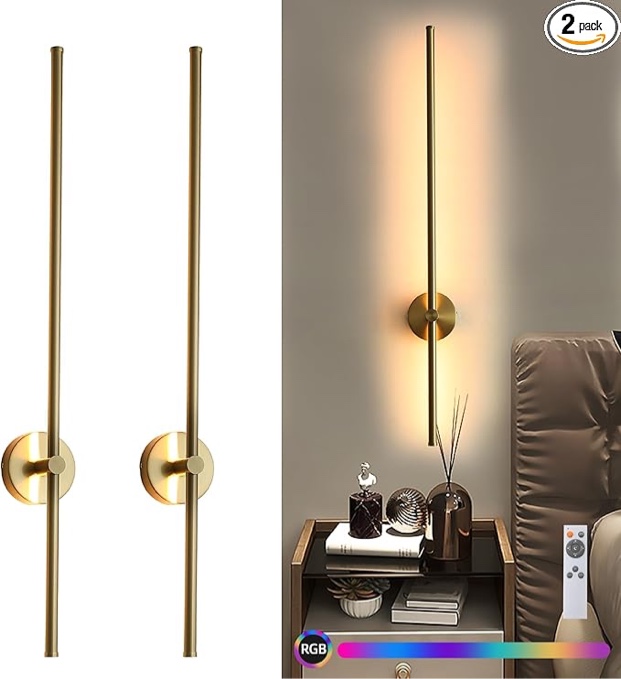 HONGREN Modern Wall Sconce Set of Two, 3000K-6000K Dimmable Hardwired Gold Led Wall Sconce with Remote Control, 350° Swivel RGB Multicolor Ambience Lights for Living Room,Bathroom 39.4 Inch (2 Pack)