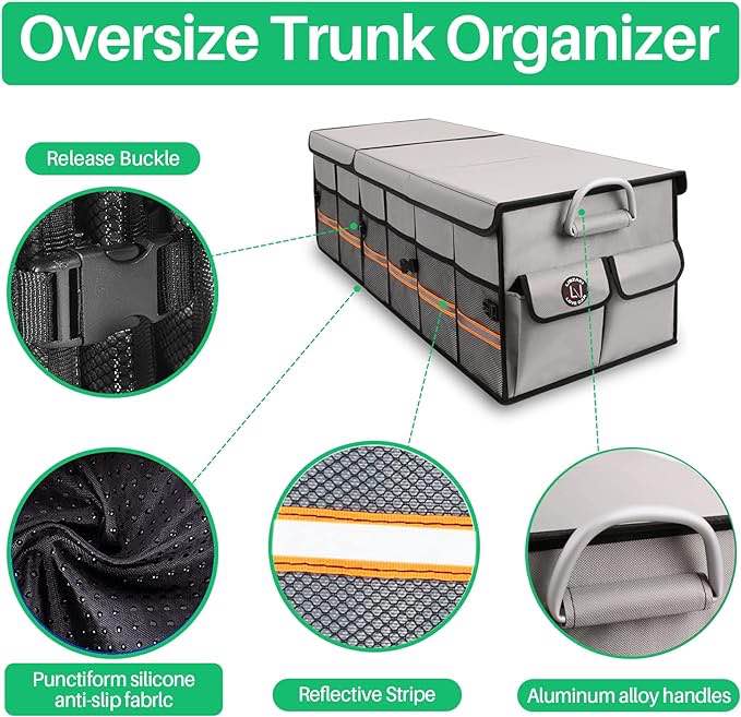 LI LIBZAKI Big Car Trunk Organizer, Cargo Organizer SUV Trunk Storage Non Slip Bottom Waterproof Collapsible Durable Multi Compartments-(Oversize,Gray)