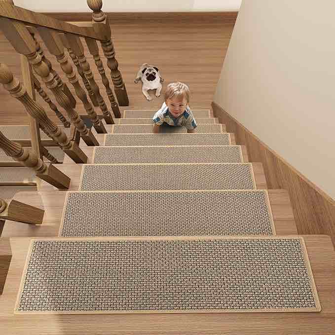 GOYLSER Non Slip Stair Treads for Wooden Steps Indoor, 15pcs Beige Stair Rugs with Water Resistant Rubber Backed, Machine Washing Non Skid Removable Stair Treads for Pet Dog, Elders and Kids
