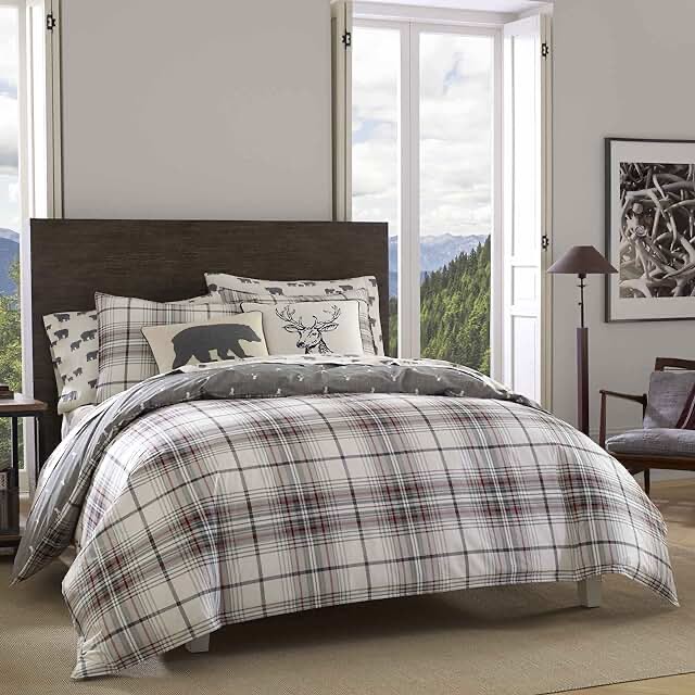 Eddie Bauer - King Comforter Set, Reversible Cotton Bedding with Matching Shams, Plaid Home Decor for All Seasons (Alder Grey/Red, King)