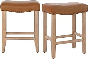TENLLEY Bar Stools Set of 2,24 Inch Counter Height Barstools for Kitchen Island,Vintage Nailhead Trim Saddle Backless Bar Stools(Leather Brown)