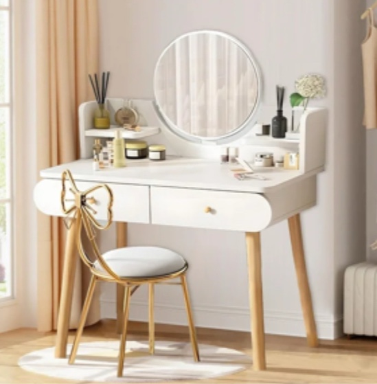 Hurber Vanity Table Set with Mirror, Modern Makeup Vanity Dressing Desk with 2 Drawers & 2 Shelves ,White (Without Stool)