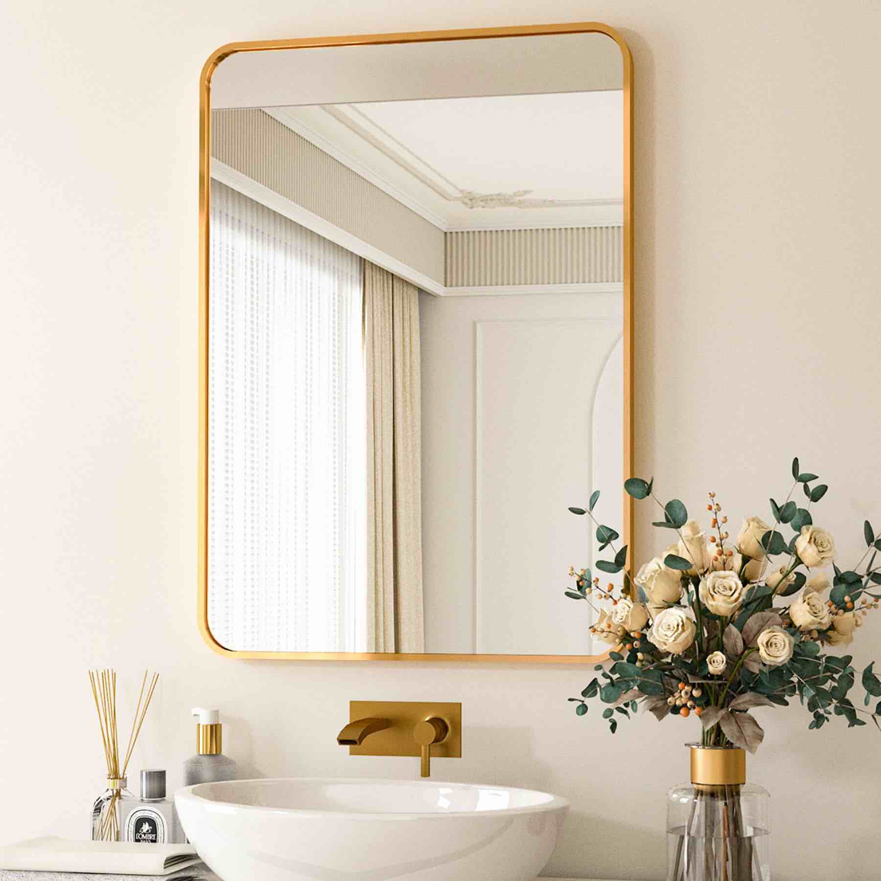 BEAUTYPEAK 26 X38 Wall Mirror Rounded Corners Hanging Vanity Mirror Gold
