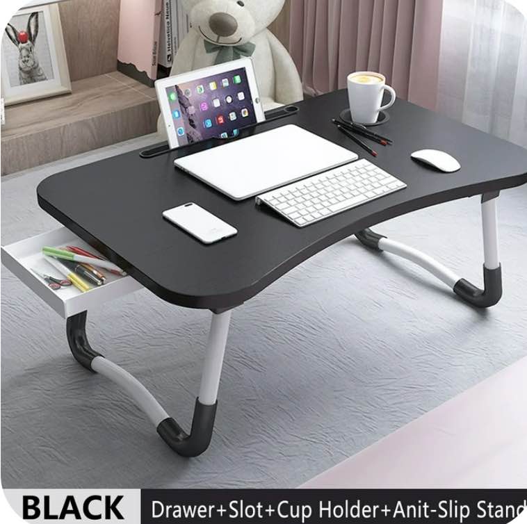 PHANCIR Foldable Lap Desk, 23.6 Inch Portable Wood Laptop Desk Table Workspace Organizer Bed Tray with iPad Slots, Cup Holder and Drawer, Anti-Slip for Working Reading Writing, Eating, Watching-Black