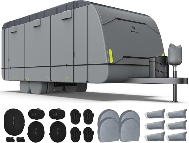 Top Waterproof RV Travel Trailer Cover for 28'7"-31'6", Rip-Stop Windproof RV Cover with 4 Tire Cover & Tongue Jack Cover, Neutral Gray