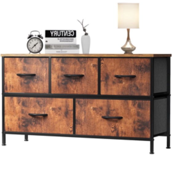 EDX 5 Drawer Dresser, Wide Chest Of Drawers Nightstand Storage Tower Storage Dresser Fabric Dresser With Wood Top for Living Room, Bedroom, Hallway, Rustic Brown