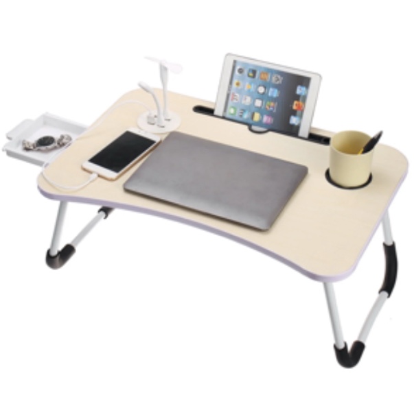 Foldable Lap Desk for Bed, HONEIER Bed Tray Table with 4 USB Ports, Holder Slots, Cup Holder, Drawer, Laptop Desk Table with Mini Lamp, Fan, Wood Portable Table Stand for Laptop Tablet